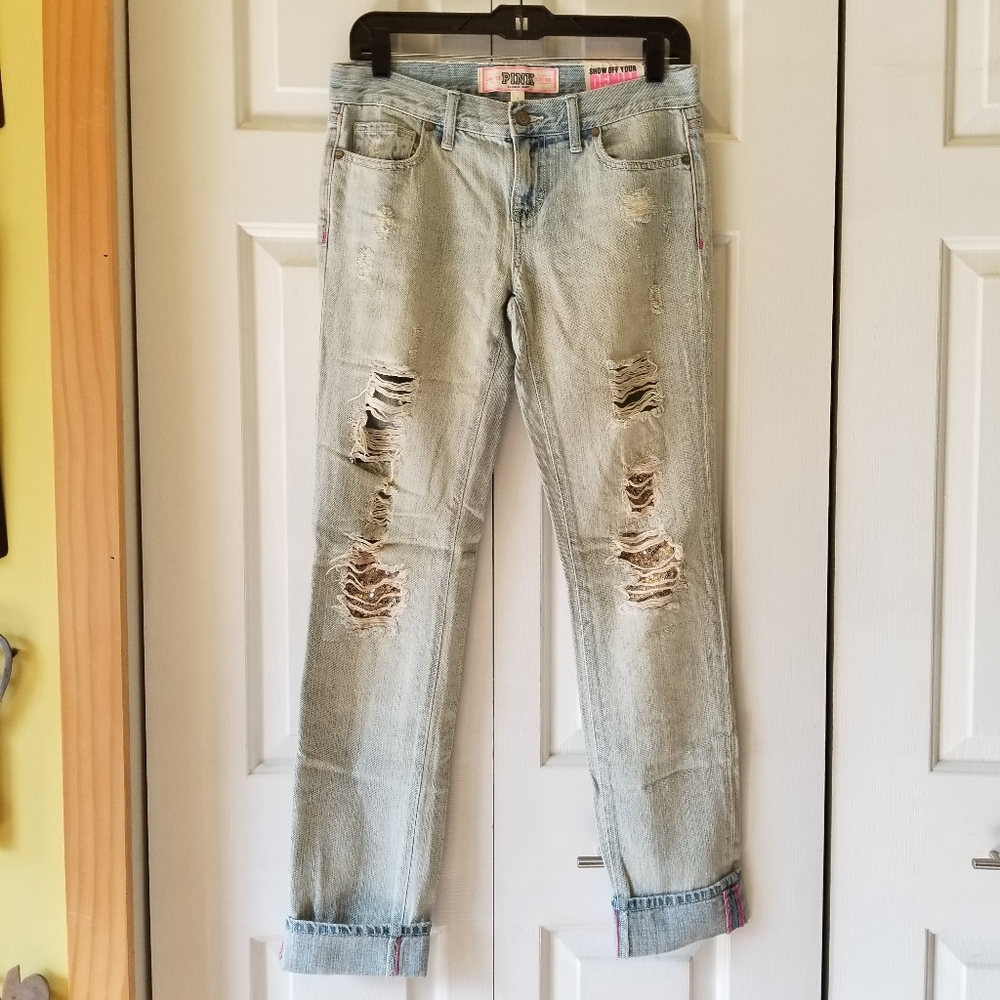 VS PINK denim bling sequin slim straight jeans - Picture 1 of 16